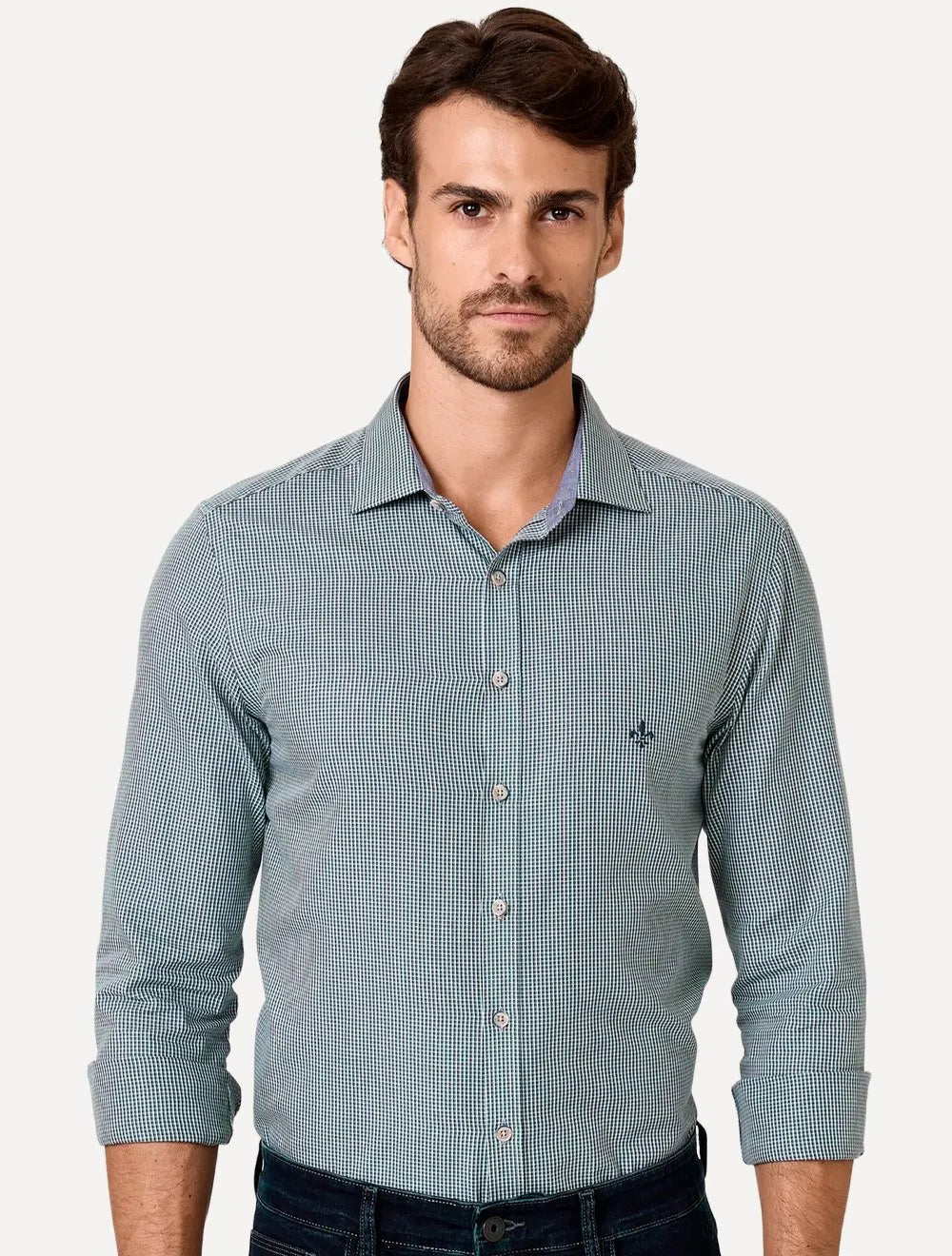 Camisa Dudalina Masculina Milano Superfine Cotton Micro Vichy Verde Escuro