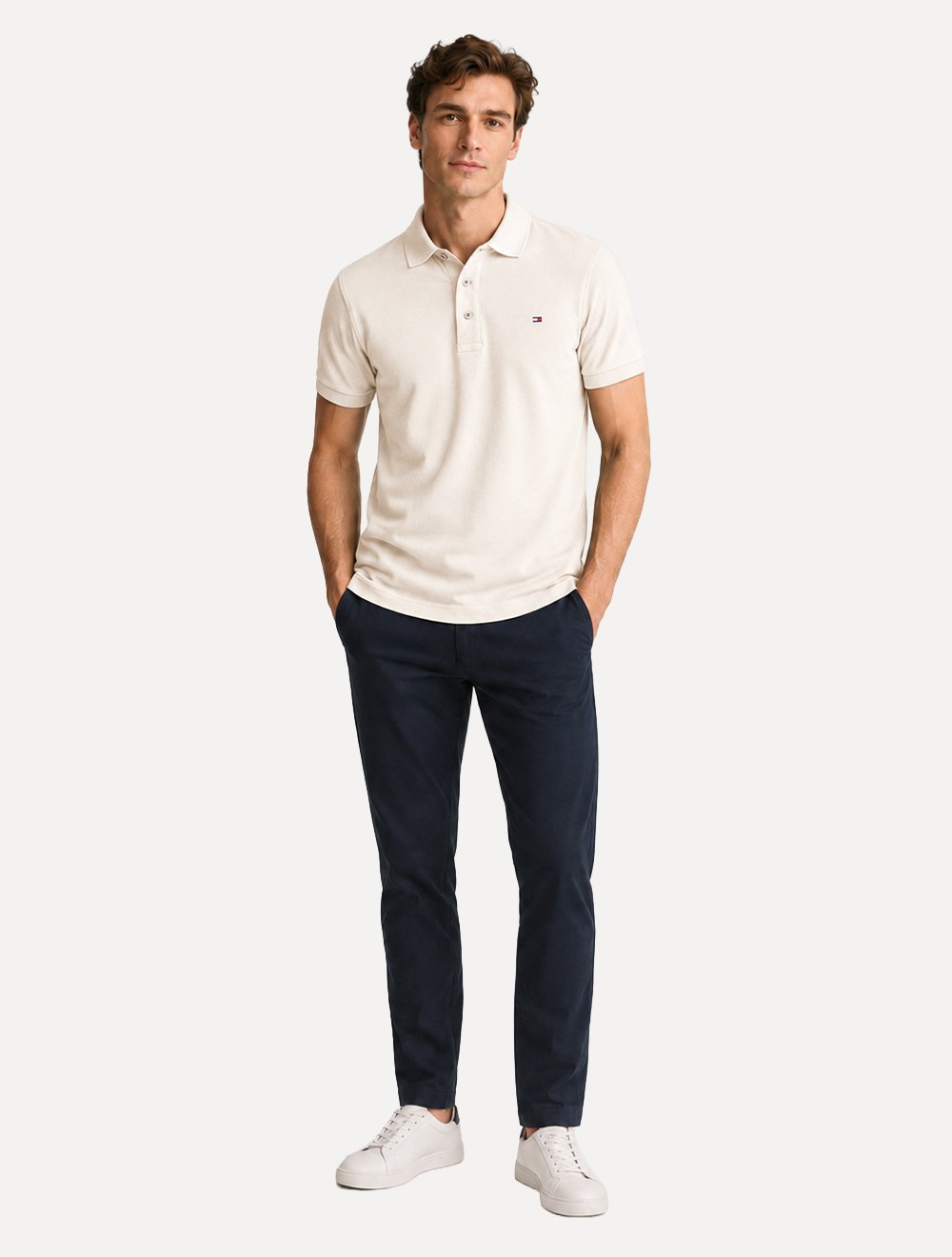 Polo Tommy Hilfiger Masculina Slim Piquet 1985 Off White