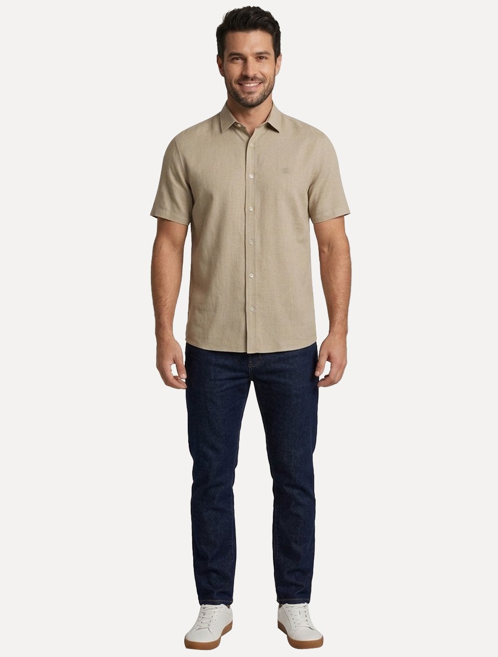 Camisa John John Masculina Relaxed Manga Curta Cotton Cáqui Claro