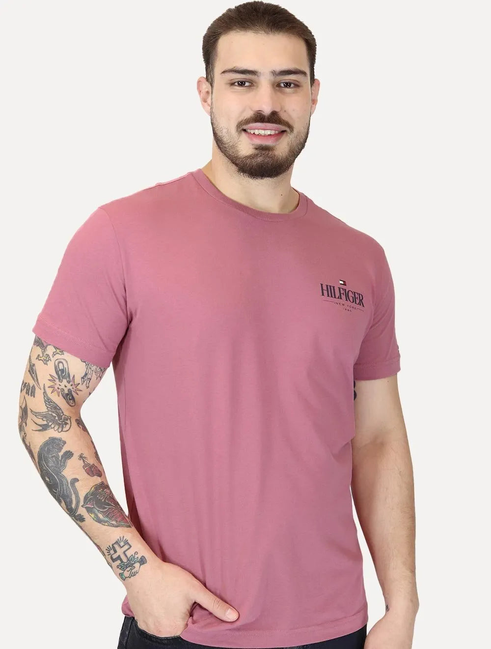 Camiseta Tommy Hilfiger Masculina Stack Brand Love Rosa Médio