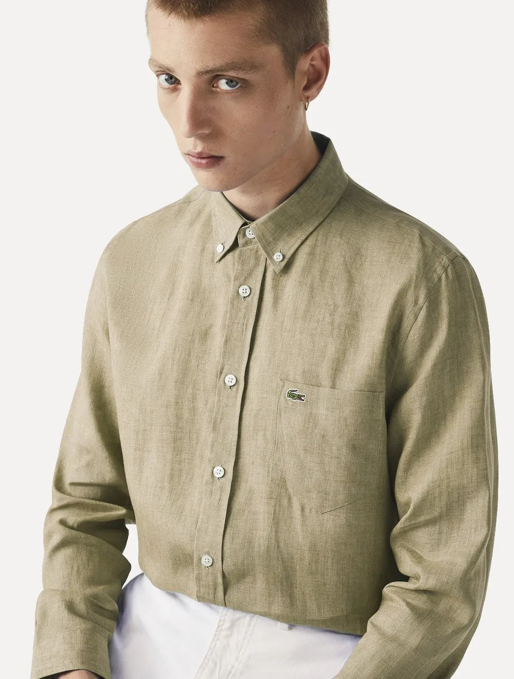 Camisa Lacoste Masculina Regular Classica Pocket Linho Cáqui