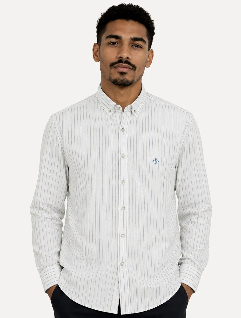 Camisa Dudalina Masculina Slim Slub Cotton Flame Listras Branca