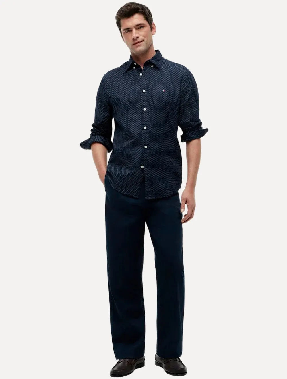 Camisa Tommy Hilfiger Masculina Flex Poplin Mini Print Shirt Azul Marinho