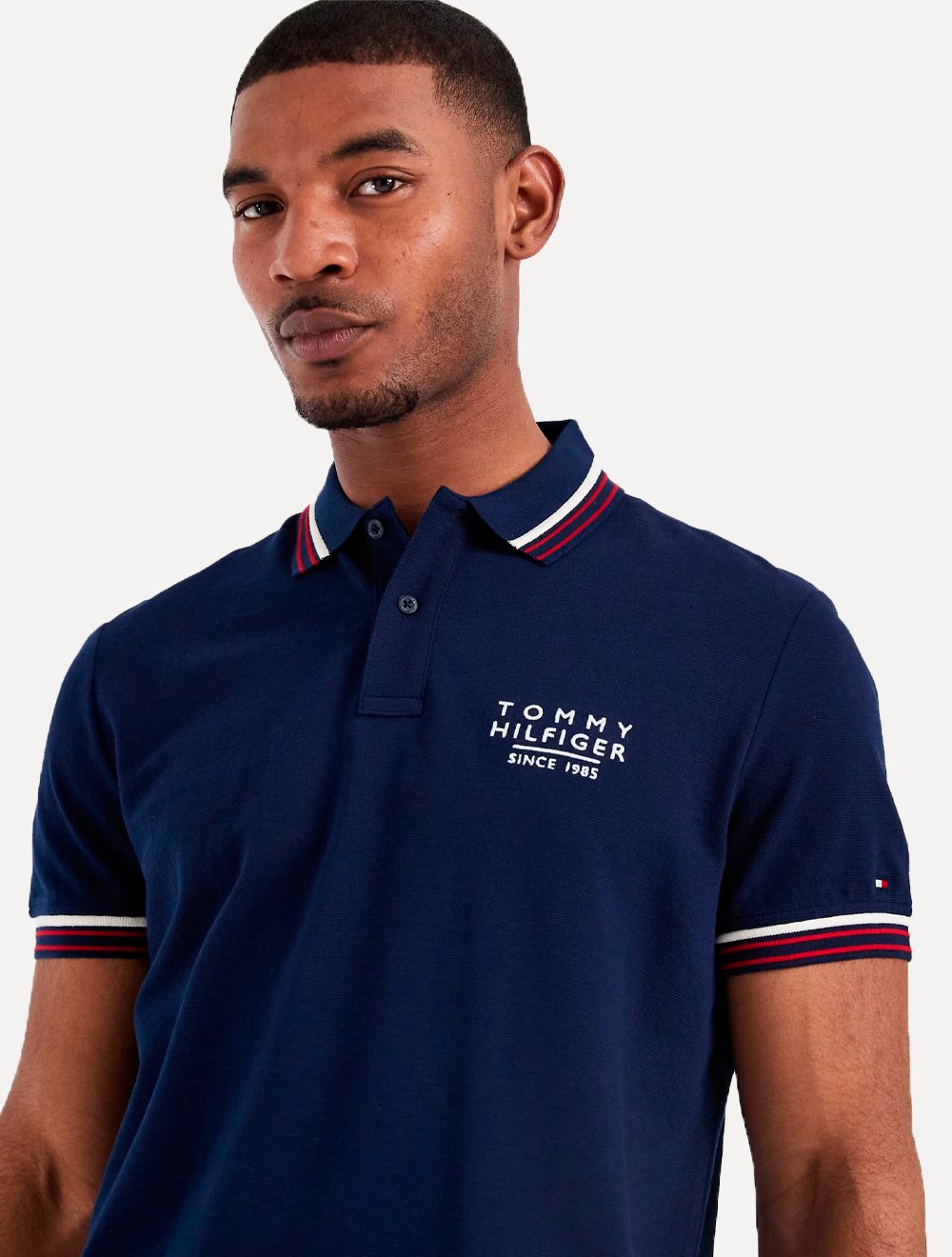 Polo Tommy Hilfiger Masculina Regular Stripe Collar Cuff Detail Azul Marinho