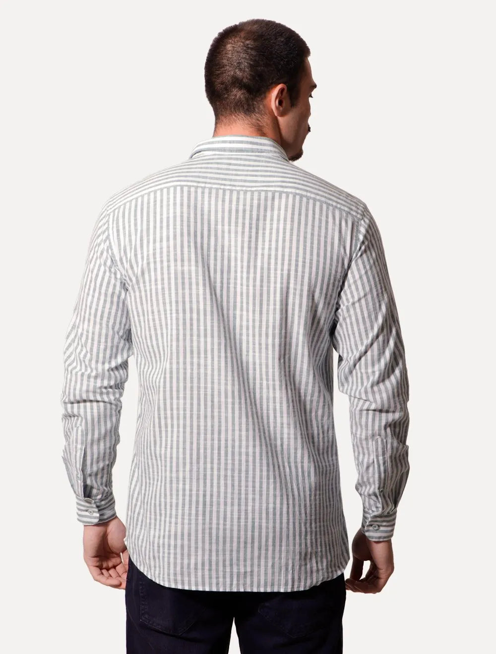 Camisa Dudalina Masculina Slim Fit Listrada Branca/Verde Médio