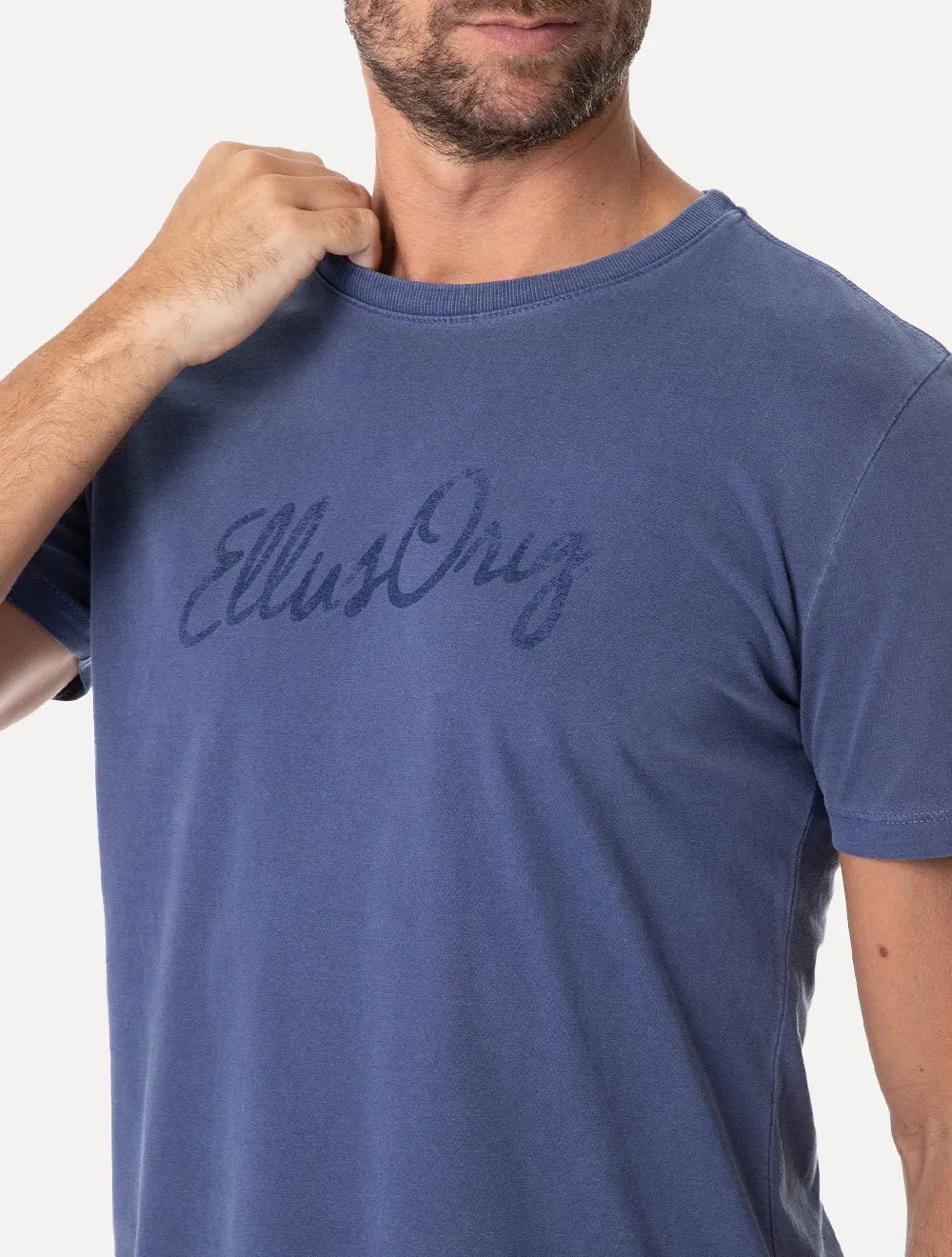 Camiseta Ellus Masculina Cotton Washed Origin. Script Azul Escuro