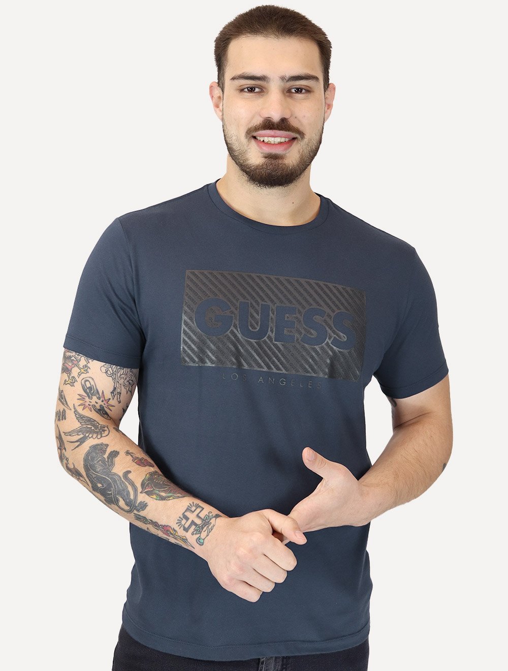 Camiseta Guess Masculina Los Angeles Logo Block Azul Marinho
