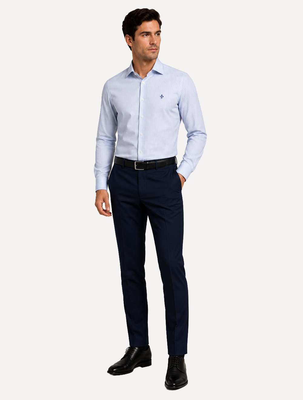 Camisa Dudalina Masculina Comfort Superfine Cotton Listrada Mono Logo Azul Médio