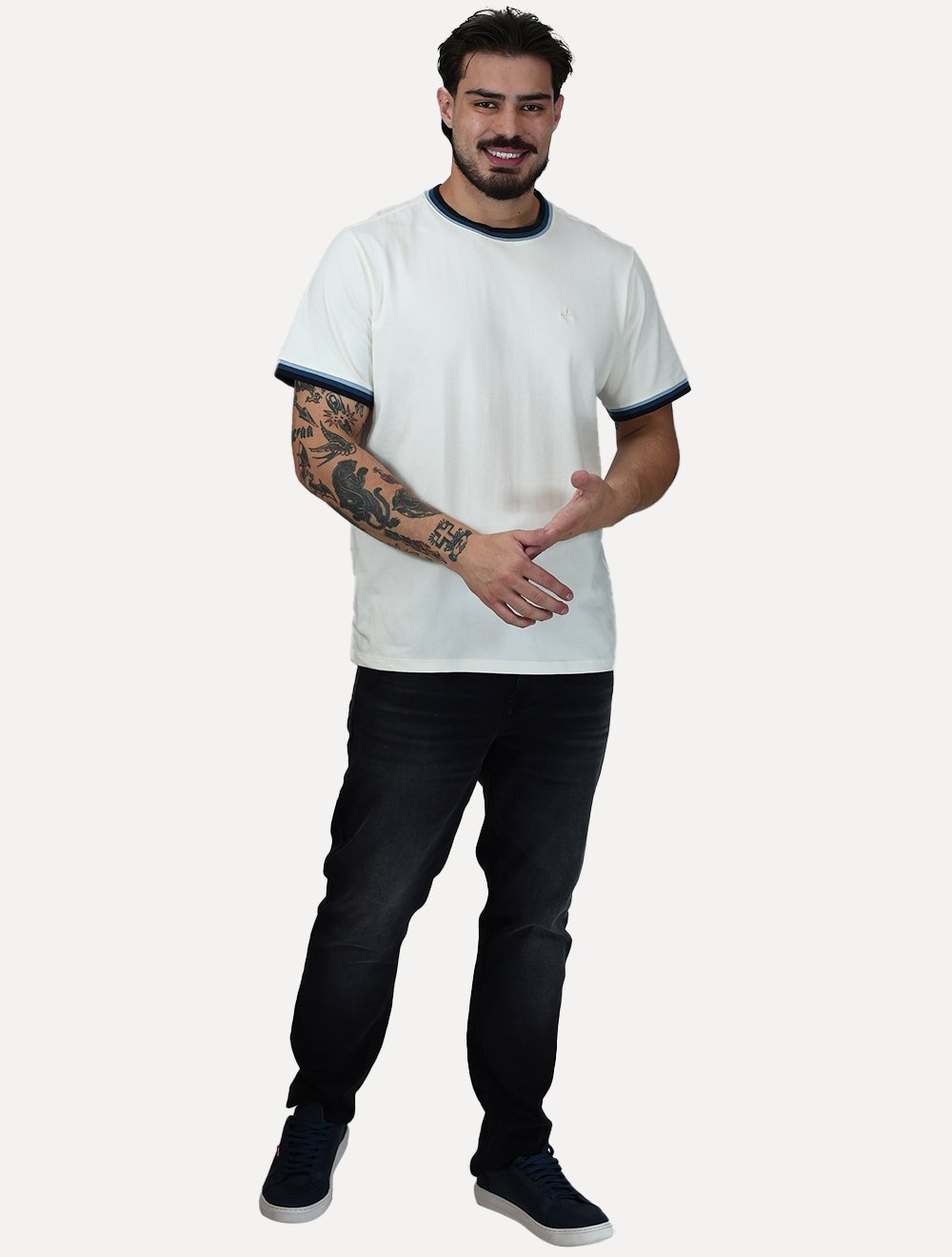 Camiseta Dudalina Masculina Cotton Blue Listra Gola Off White