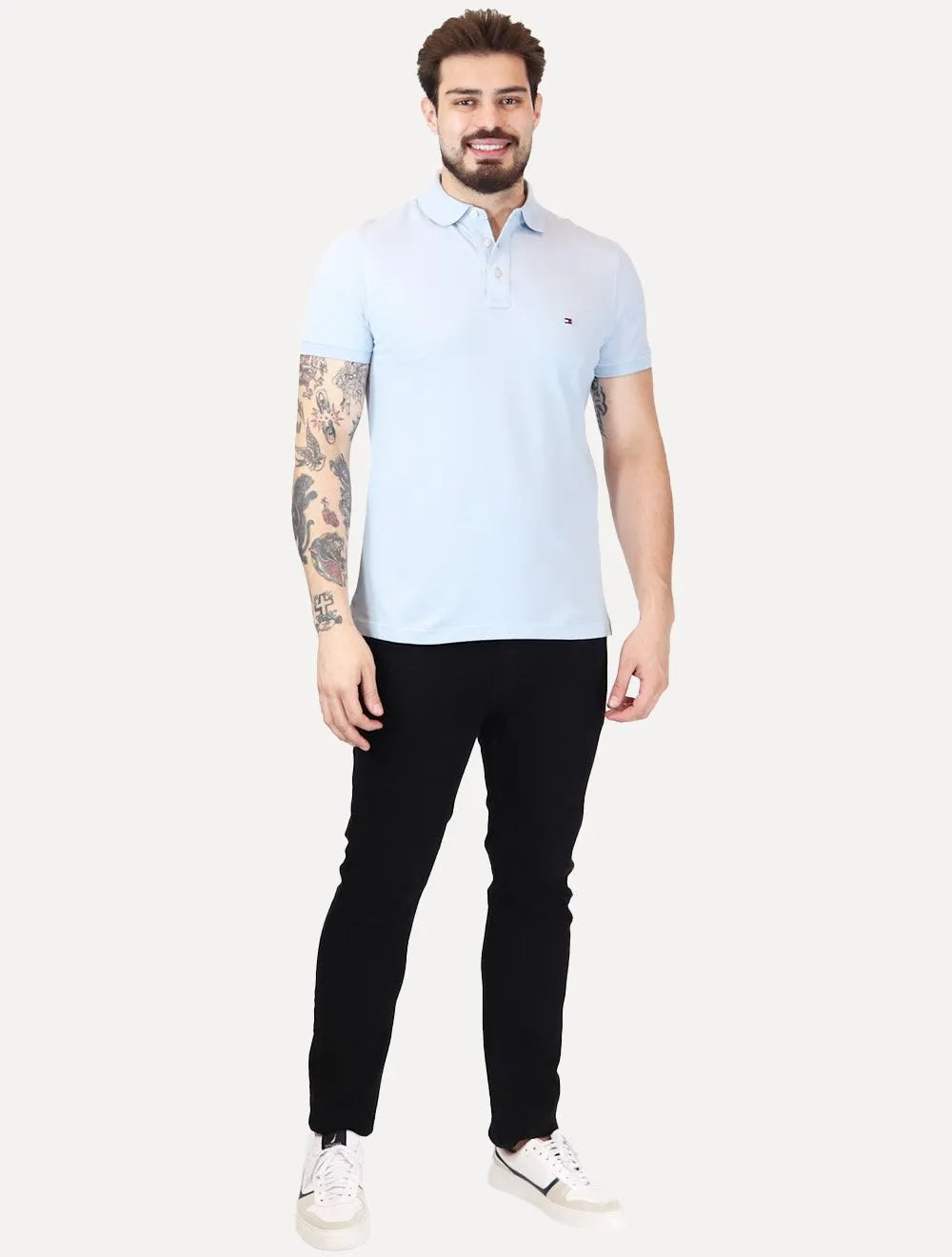 Polo Tommy Hilfiger Masculina Slim Piquet 1985 Azul Céu