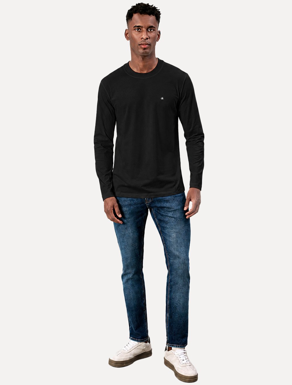Camiseta Calvin Klein Masculina Manga Longa Rubber CK Frontal Preta