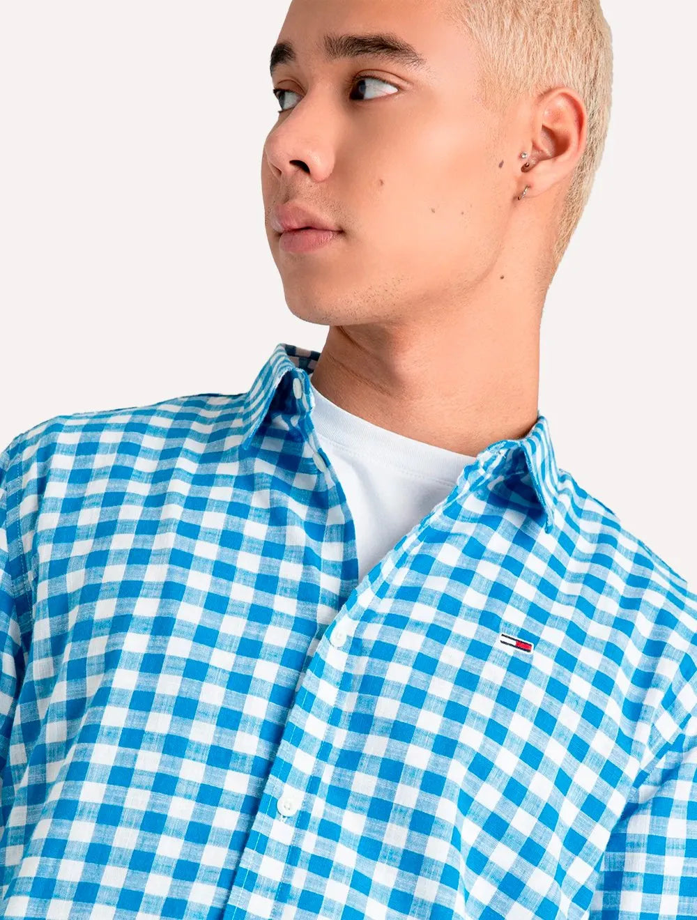 Camisa Tommy Jeans Masculina Xadrez Essential Branca/Azul