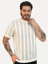 Camiseta Dixen Masculina Tricot Vertical Manga Curta Gola Careca Off White
