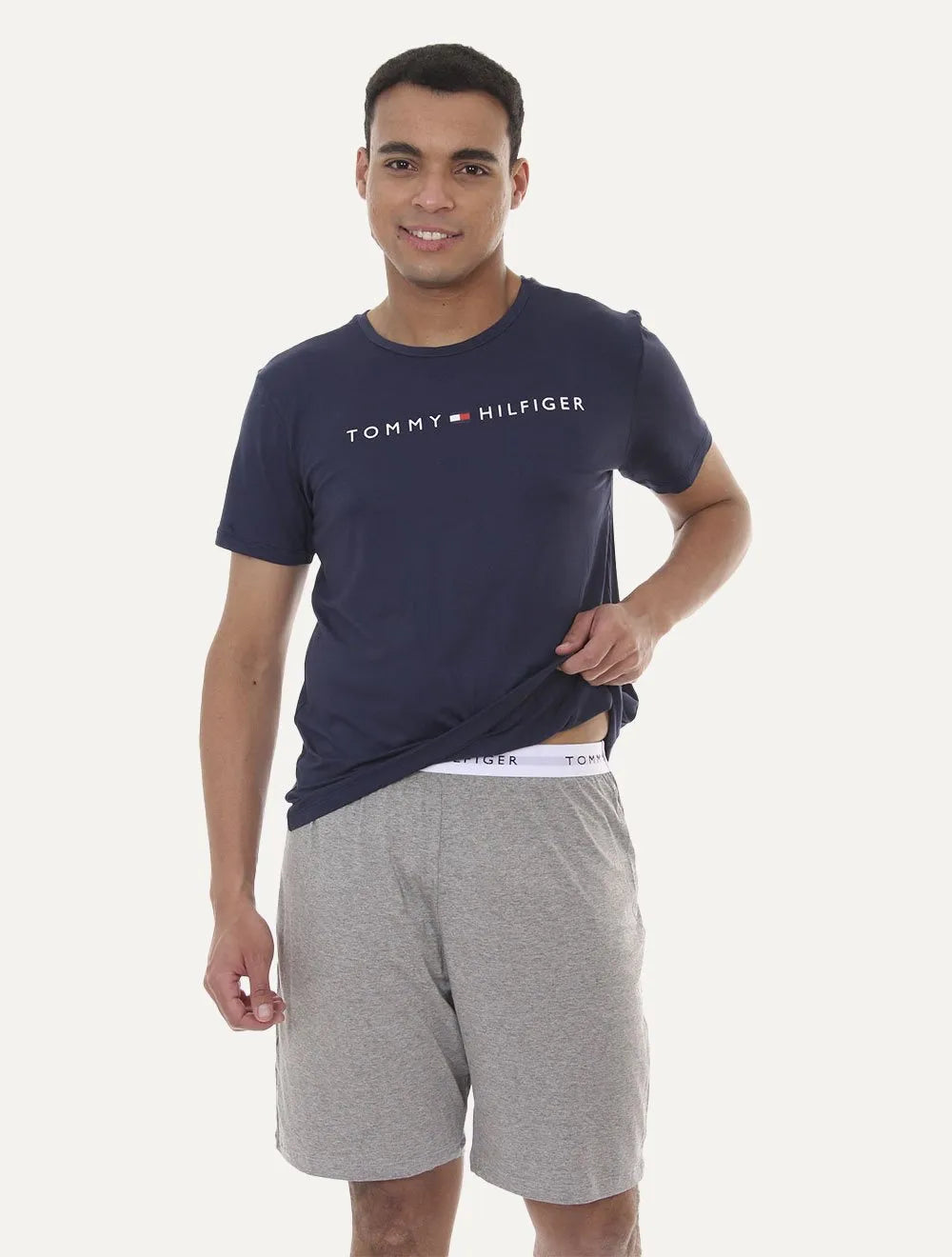 Pijama Tommy Hilfiger Masculino Manga Curta Short Essentials Set Marinho/Cinza
