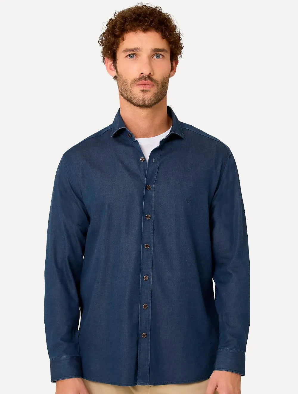 Camisa Dudalina Masculina Slim Tricoline Stretch Lisa Azul Jeans