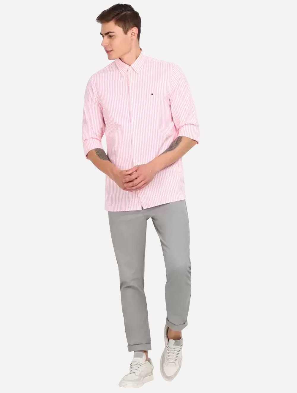 Camisa Tommy Hilfiger Masculina Regular Striped Poplin Rosa Claro