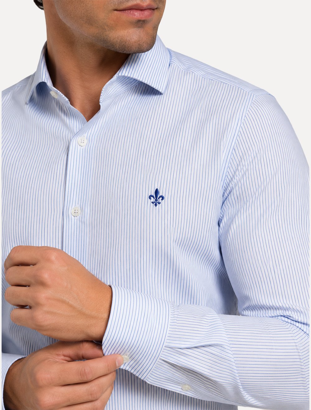 Camisa Dudalina Masculina Comfort Superfine Cotton Listrada Mono Logo Azul Médio