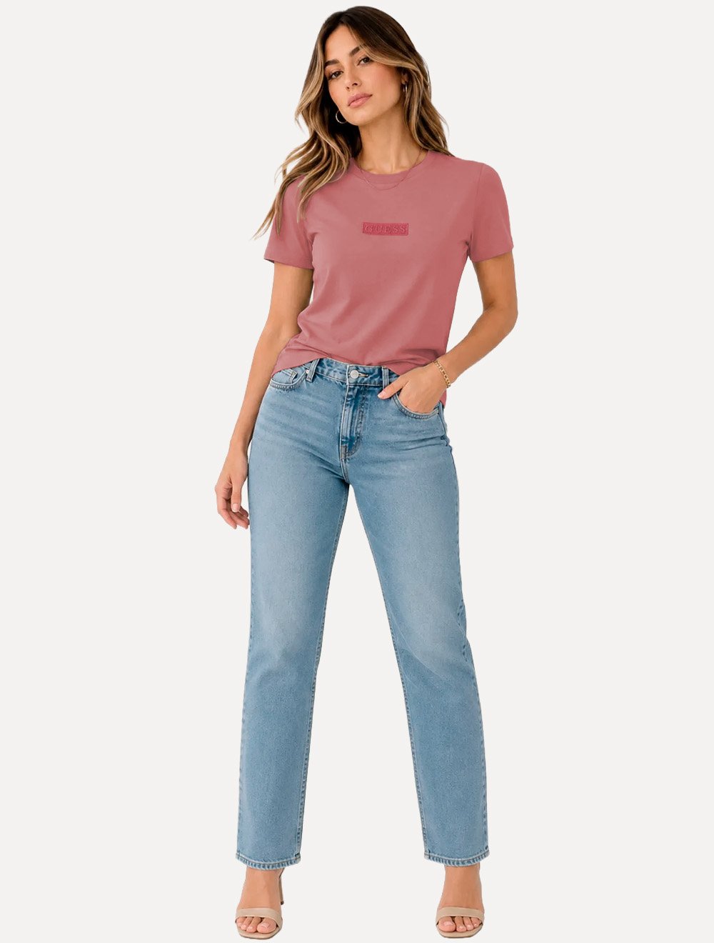 Camiseta Guess Feminina Patch Small Logo Rosa