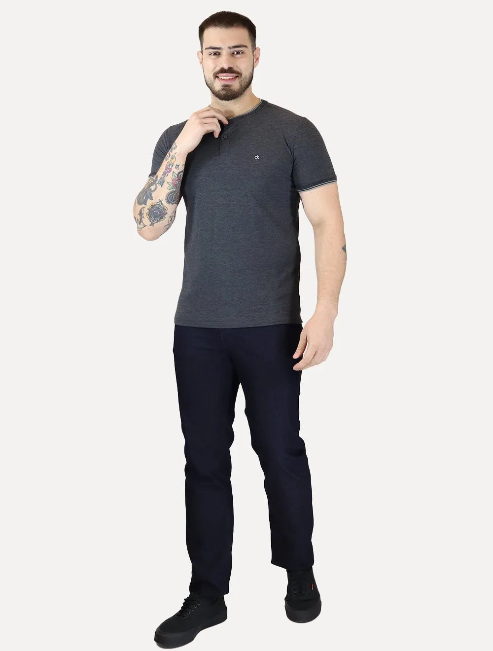 Polo Calvin Klein Masculina Slim Fit Gola Portuguesa Friso Chumbo