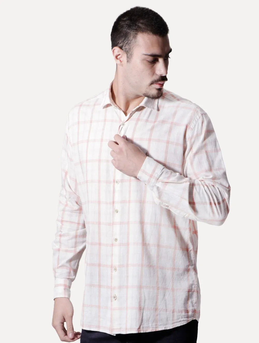 Camisa Dudalina Masculina Comfort Slub Cotton Xadrez Salmão Off-White
