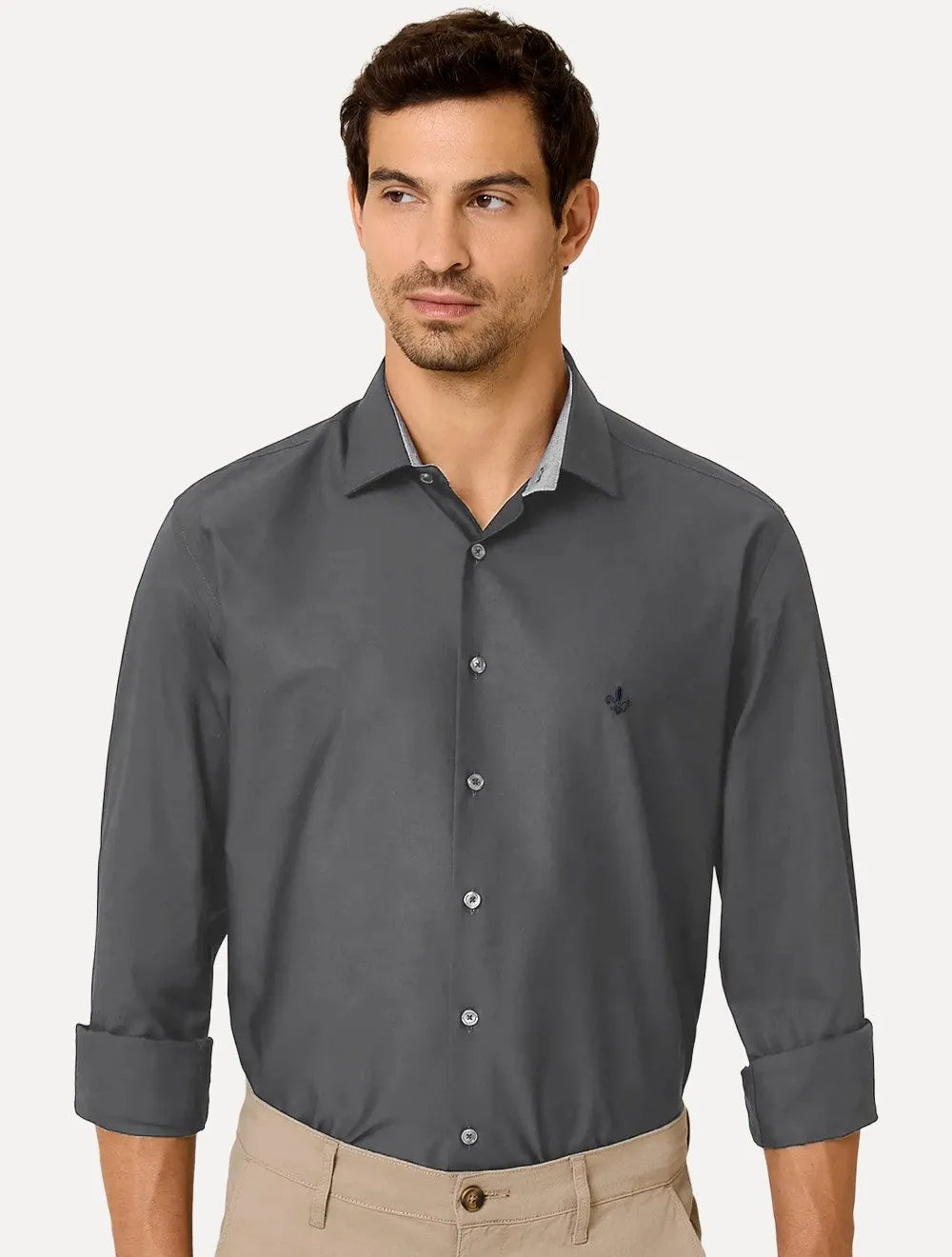 Camisa Dudalina Masculina Comfort Superfine Cotton Mono Logo Cinza Chumbo