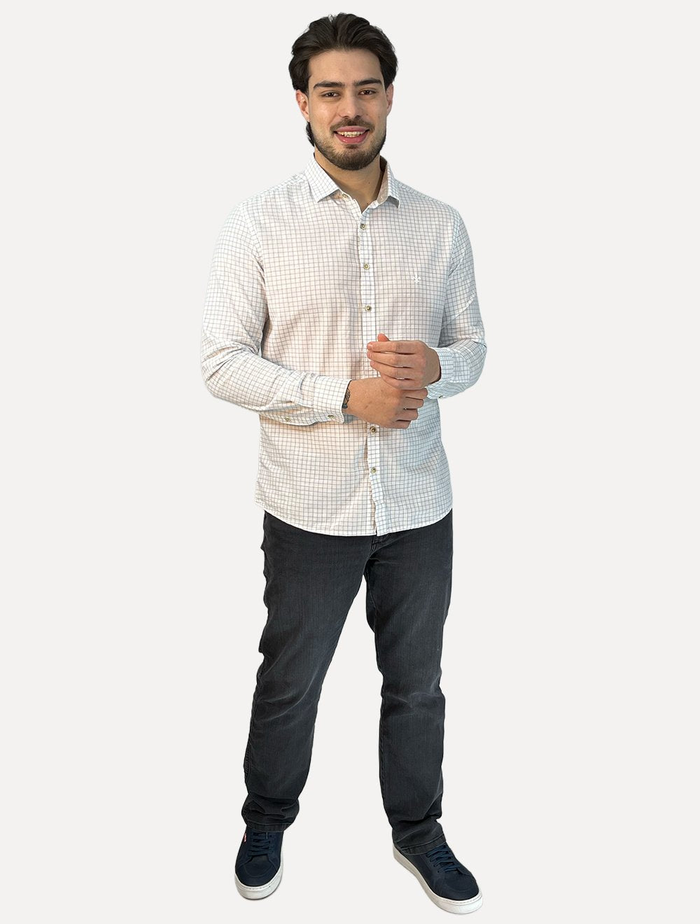 Camisa Dudalina Masculina Slim Slub Cotton Xadrez Branca