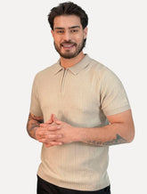 Polo Dixen Masculina Tricot Texturizada Manga Curta Ziper Cáqui Médio
