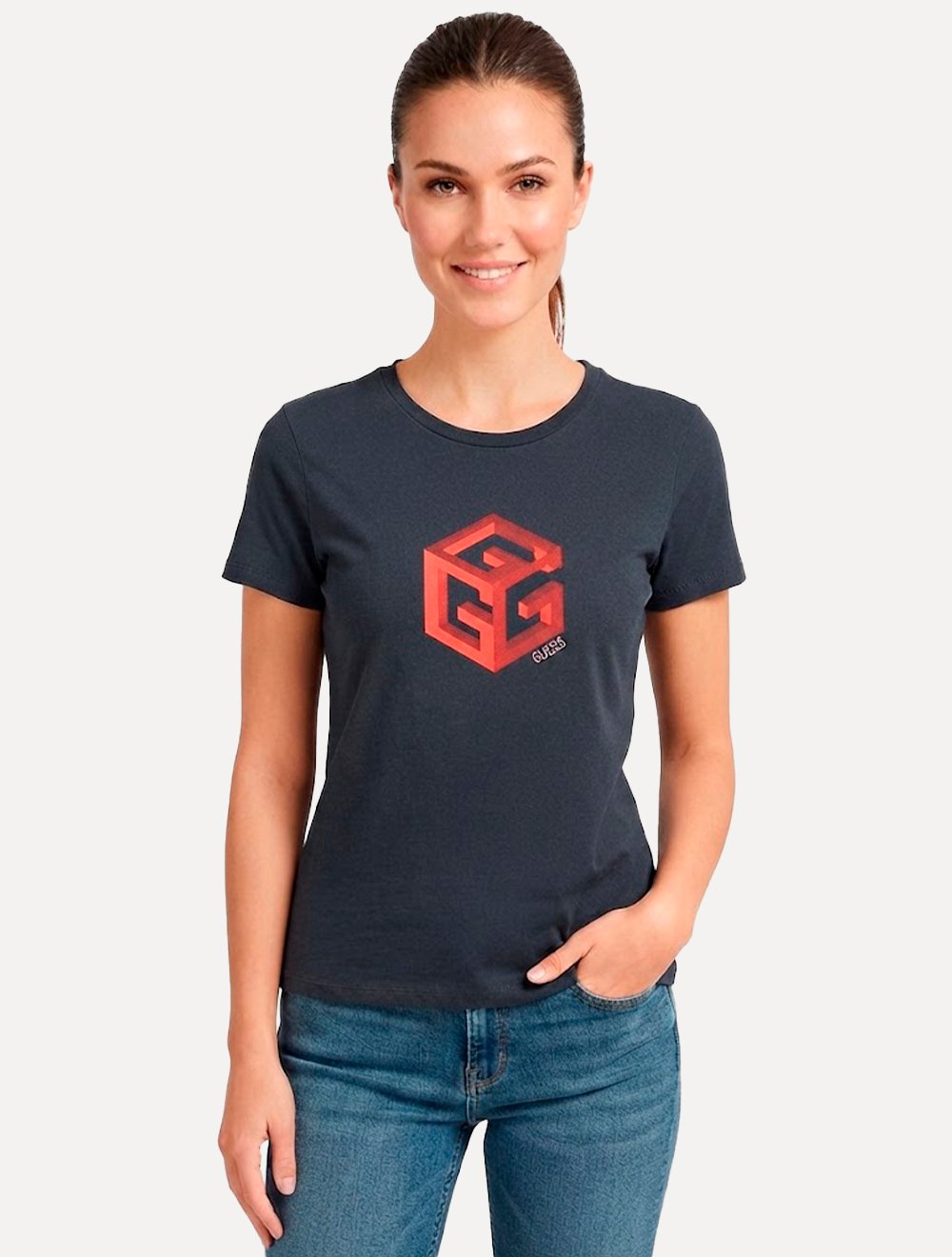 Camiseta Guess Feminina Cube 3D Logo Azul Marinho