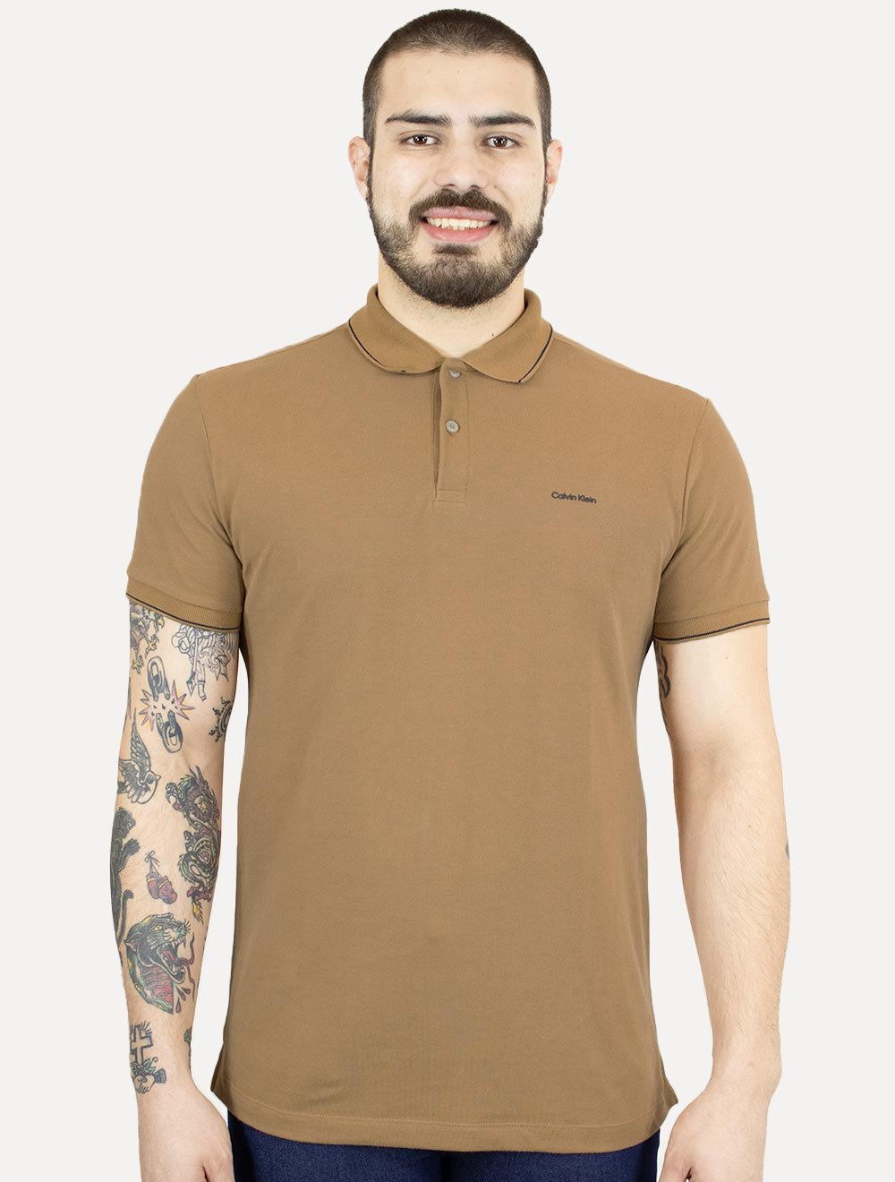 Polo Calvin Klein Masculina Piquet Slim Básica Havana Cáqui Mescla