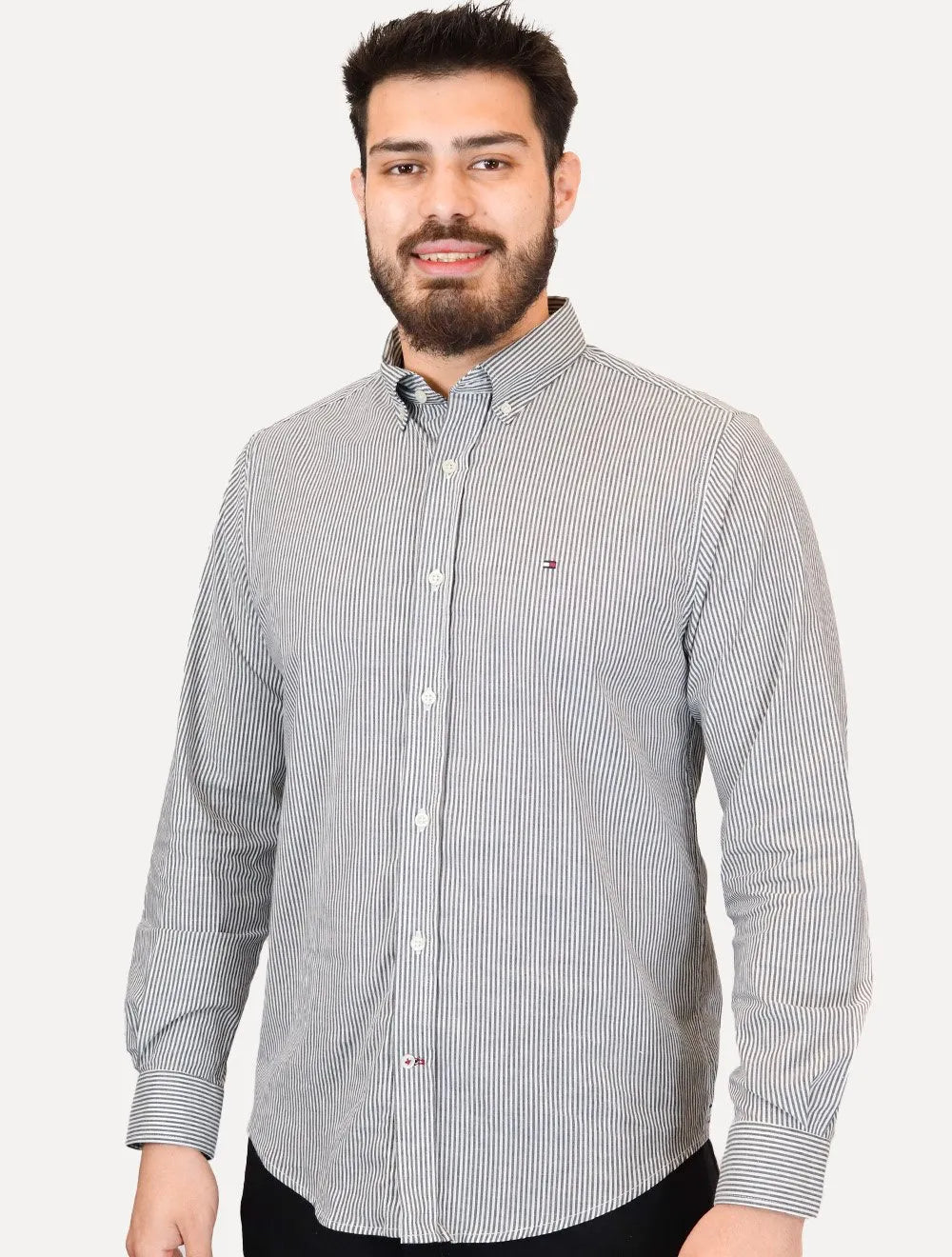 Camisa Tommy Hilfiger Masculina Regular Striped Poplin Preta