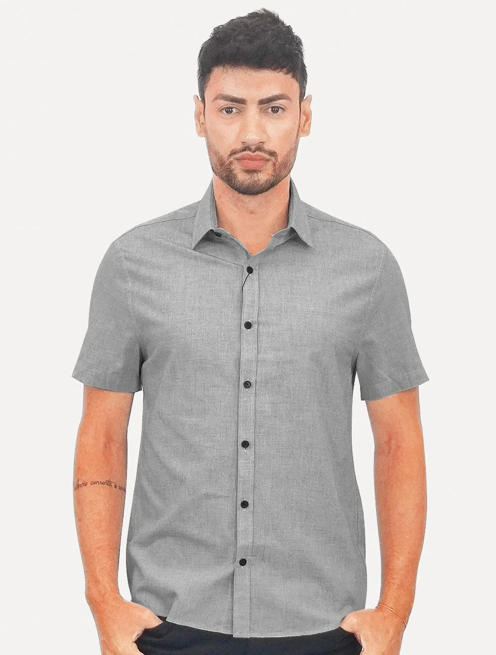 Camisa Calvin Klein Jeans Masculina Manga Curta Tela Algodão Cinza Mescla