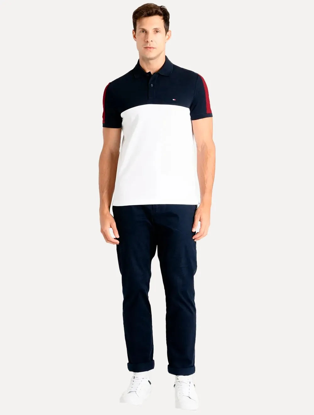 Polo Tommy Hilfiger Masculina Regular Colourblock Navy Branca