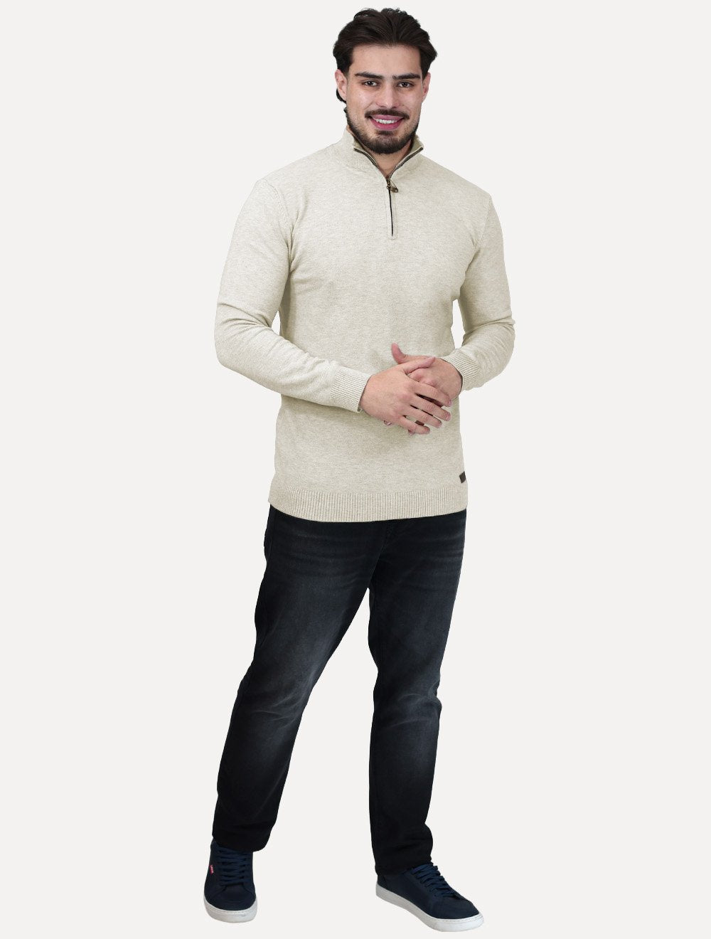 Suéter Dixen Masculina Tricot Manga Longa com Ziper Frontal Areia