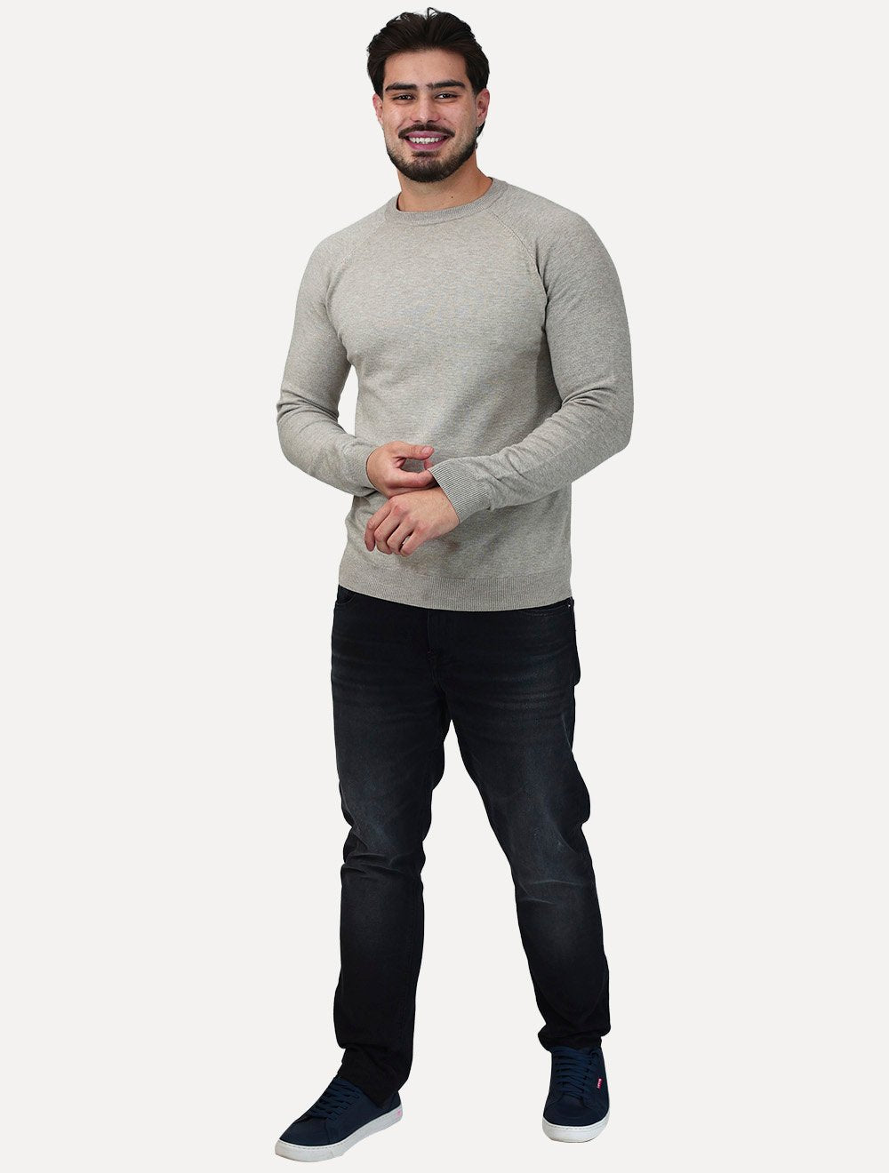 Suéter Dixen Masculina Tricot Manga Longa Raglan Gola Careca Areia