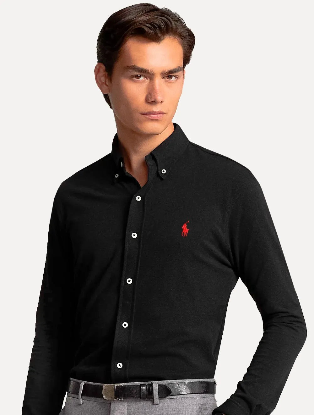Camisa Ralph Lauren Masculina Slim Fit Stretch Oxford Red Logo Preta