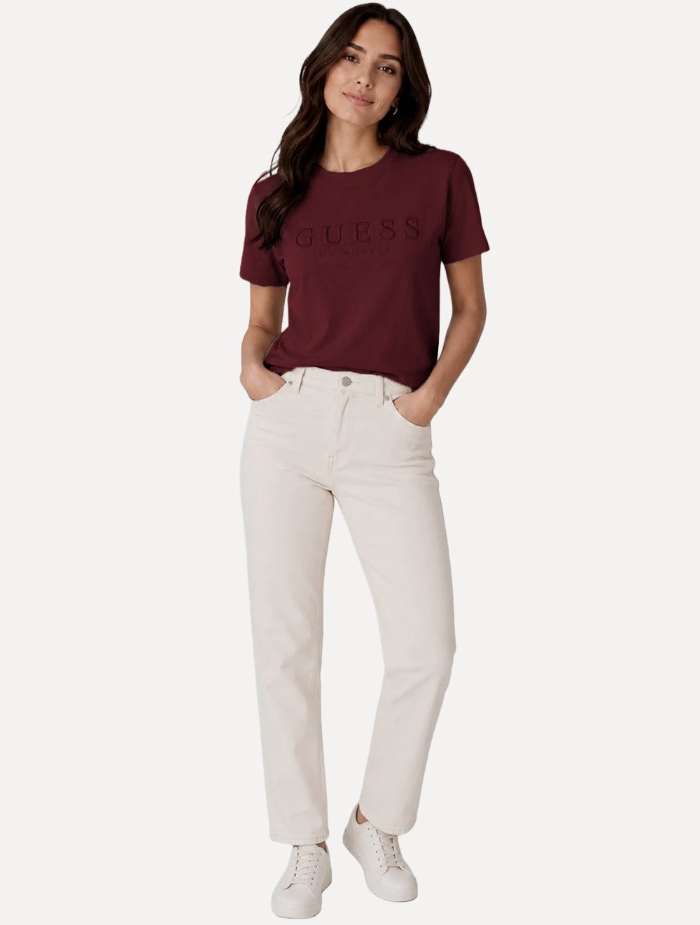 Camiseta Guess Feminina Los Angeles Embroidery Logo Vermelho Escuro