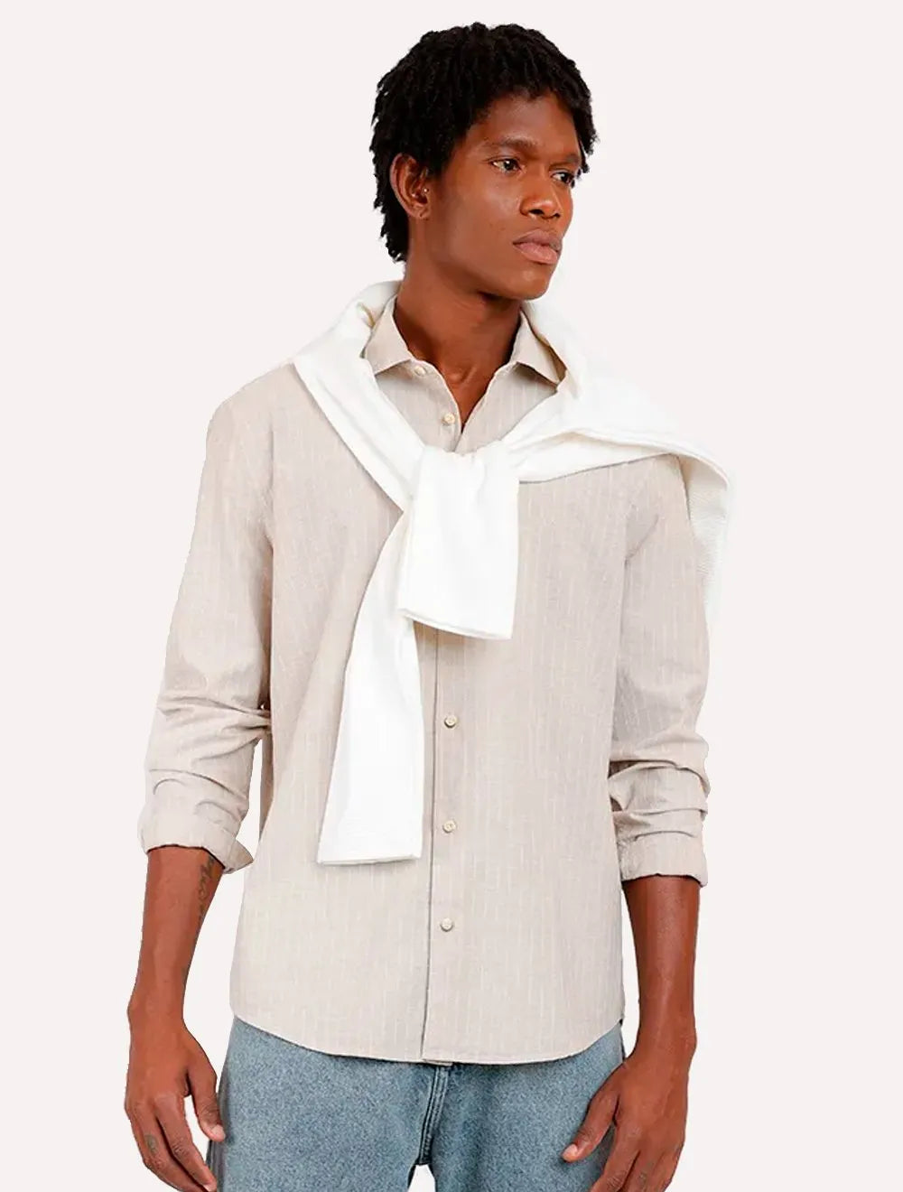 Camisa Aramis Masculina Regular Listras Backstitch Cáqui Claro