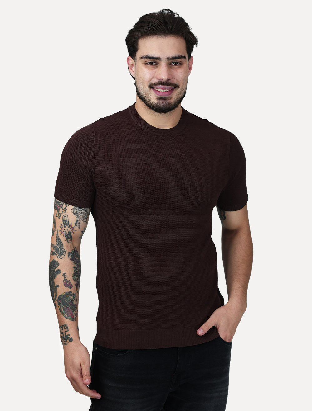 Camiseta Dixen Masculina Tricot Manga Curta Gola Careca Marrom
