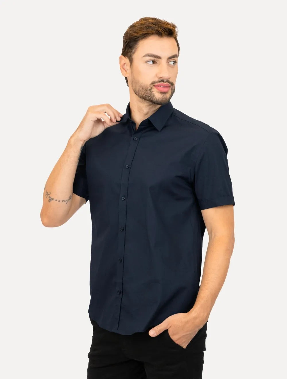 Camisa Aramis Masculina Manga Curta Regular Tricoline Stretch Marinho