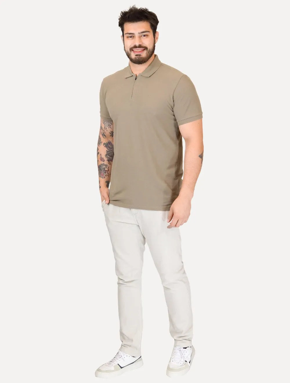 Polo Calvin Klein Masculina Piquet Slim Half Zip Cáqui Médio