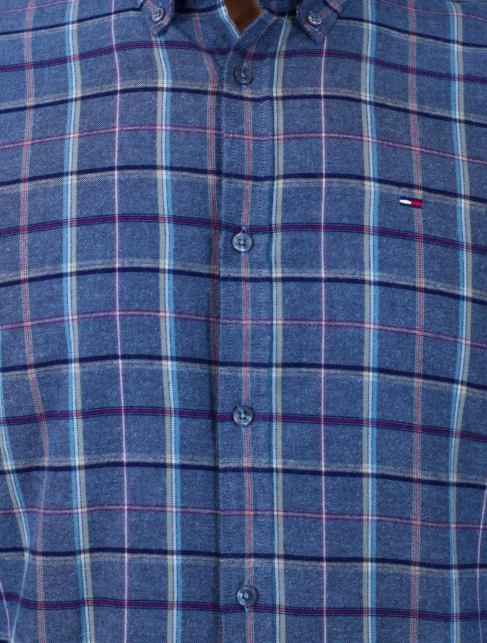 Camisa Tommy Jeans Masculina Regular Xadrez Flannel Check Azul Médio