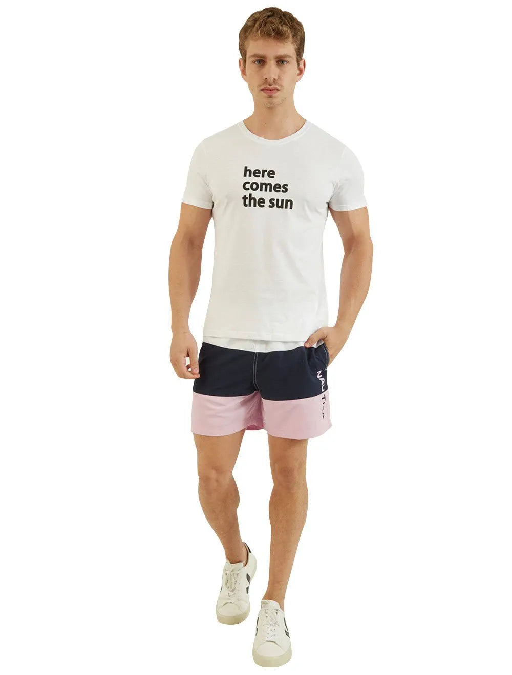 Short Nautica D'Água Colorblock Logo Branco Marinho e Rosa