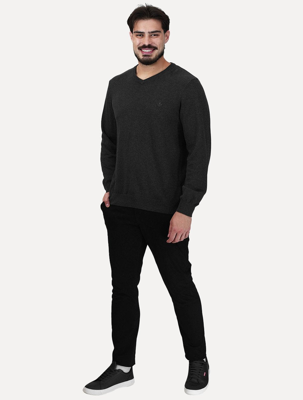 Suéter Dudalina Masculino Basico Tricot V-Neck Cotton Cinza Mescla Escuro