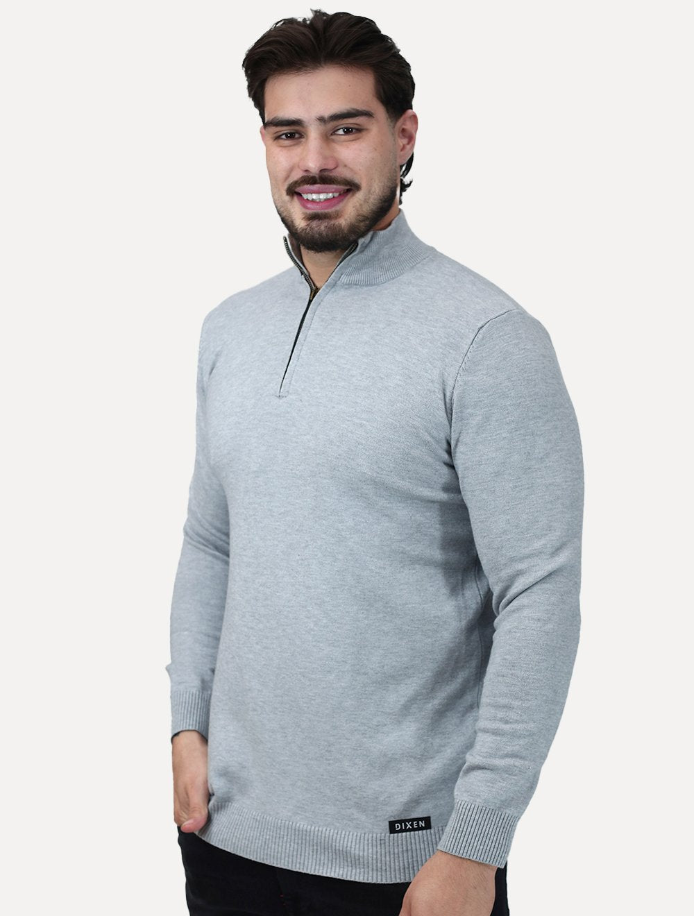 Suéter Dixen Masculina Tricot Manga Longa com Ziper Frontal Cinza