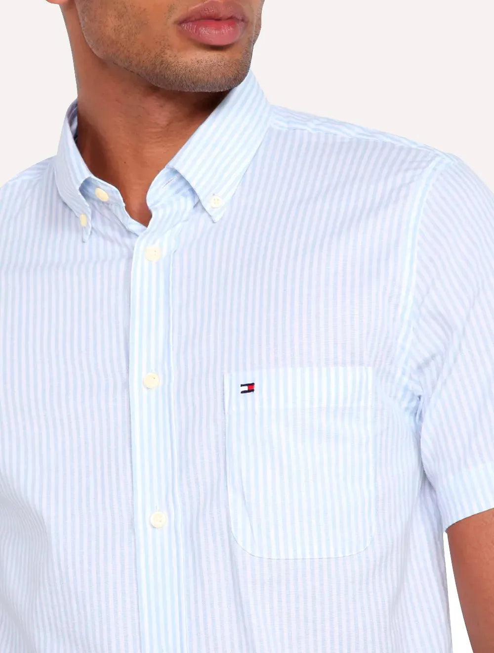 Camisa Tommy Hilfiger Masculina Manga Curta Regular Listrada Oxford Azul Claro