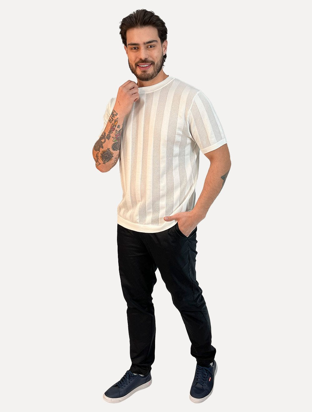 Camiseta Dixen Masculina Tricot Vertical Manga Curta Gola Careca Off White