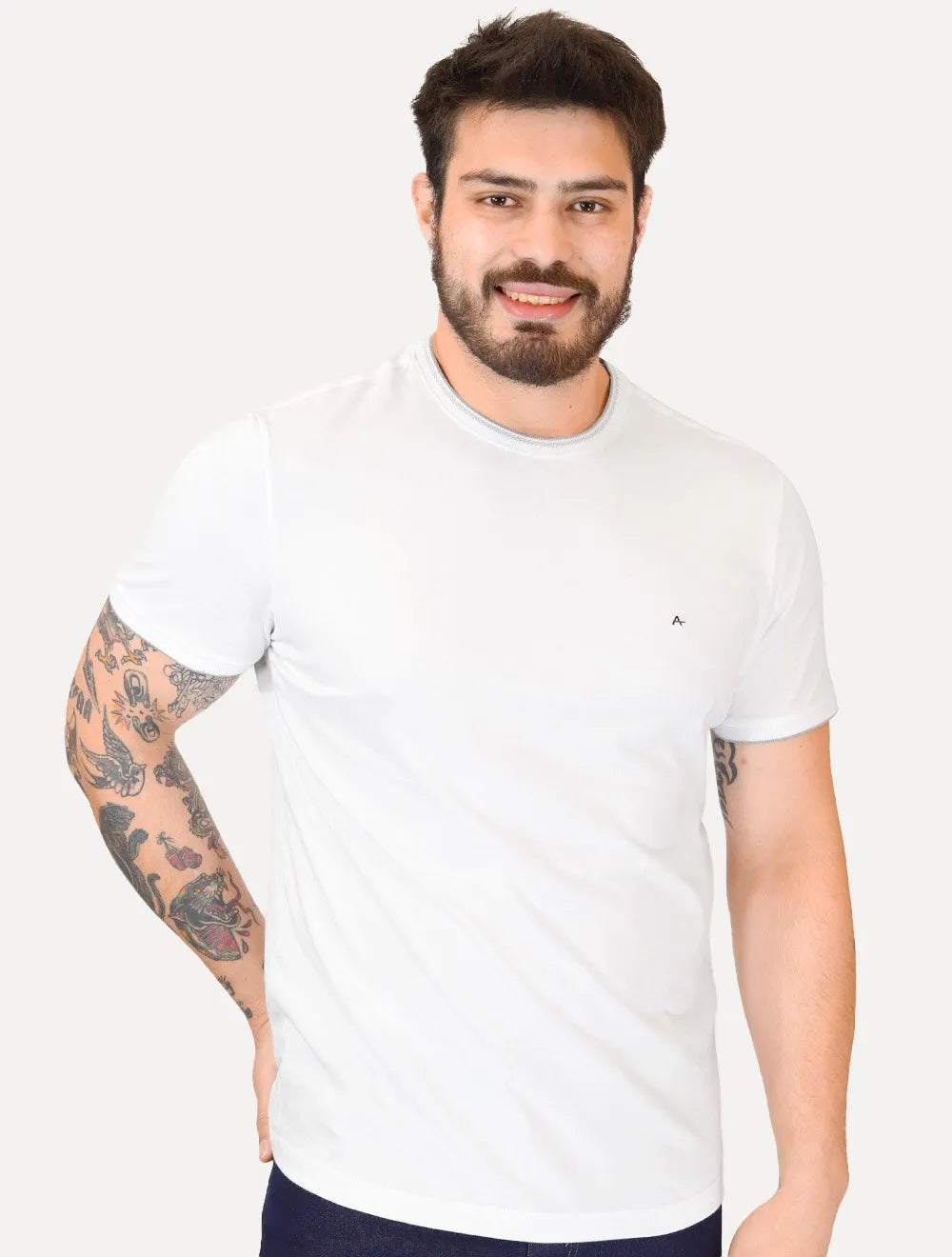 Camiseta Aramis Masculina Grey Friso Gola Branca