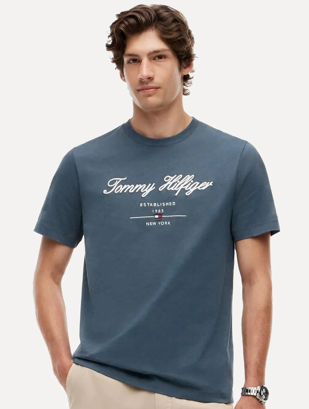 Camiseta Tommy Hilfiger Masculina Embroidered Est. 1985 New York Aegean Sea Azul