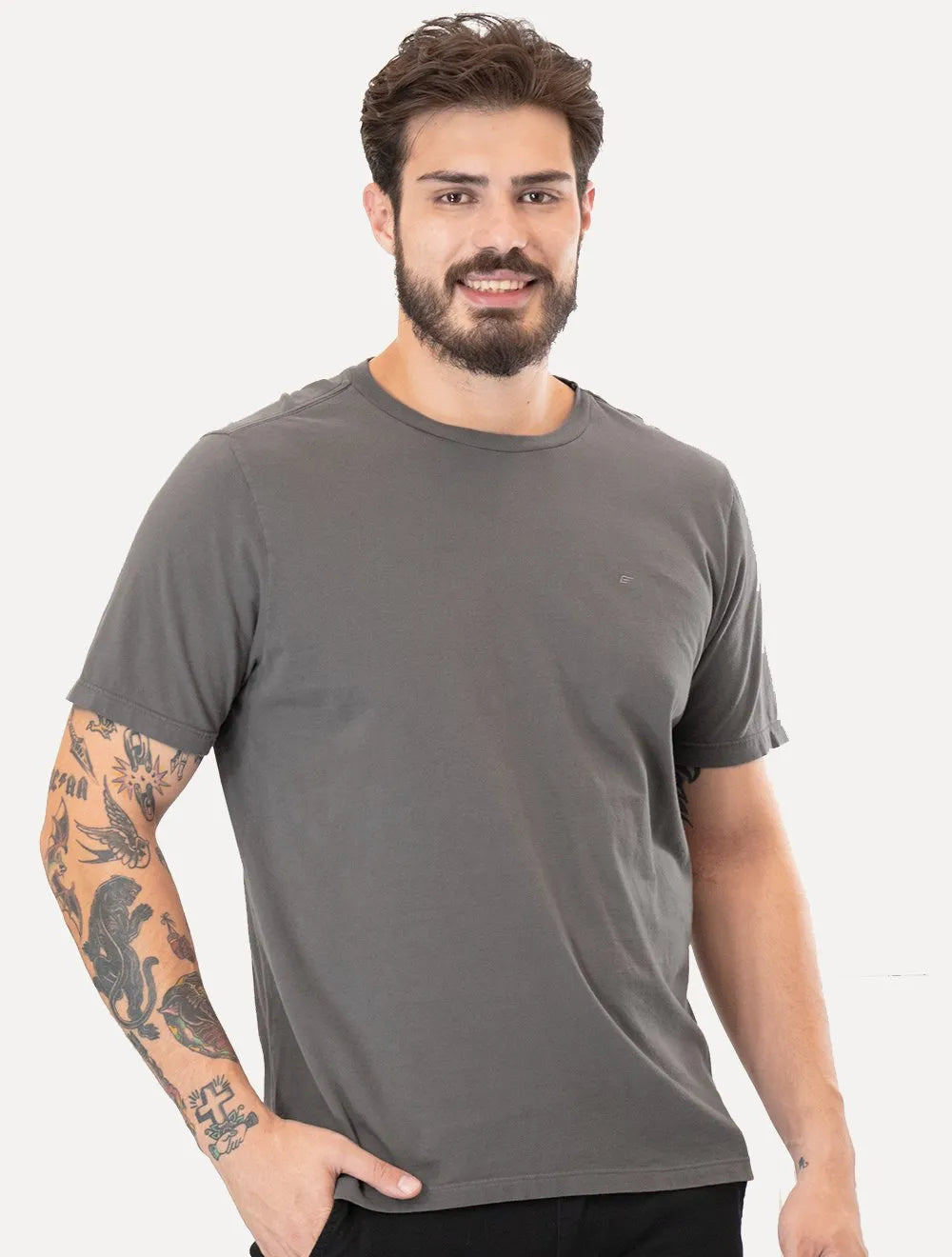 Camiseta Ellus Masculina Cotton Fine Classic Logo Cinza Médio