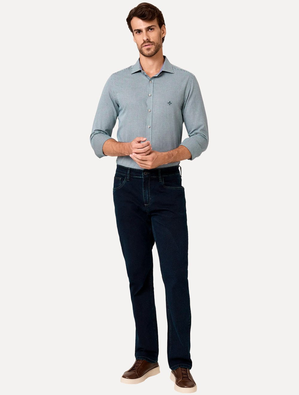 Camisa Dudalina Masculina Milano Superfine Cotton Micro Vichy Verde Escuro